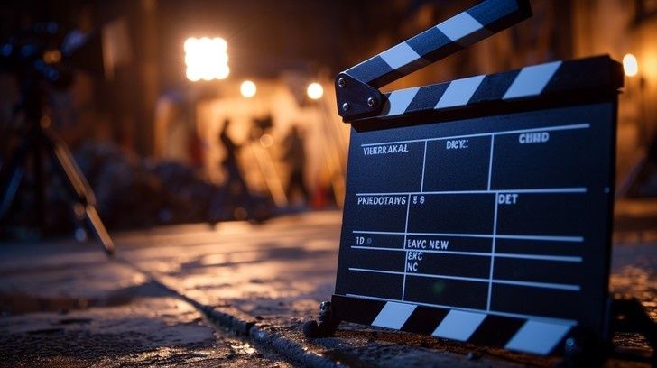 Filmklappe auf einem beleuchteten Set als Symbol europäischer Filmproduktionen